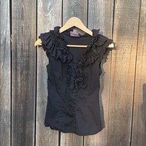 Black Sleeveless Ruffle Button Down